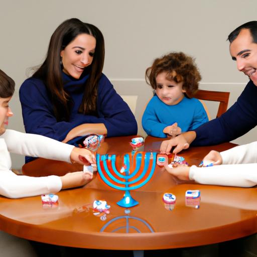 Một gia đình đang ăn mừng lễ Hanukkah với các con quay dreidel trên bàn